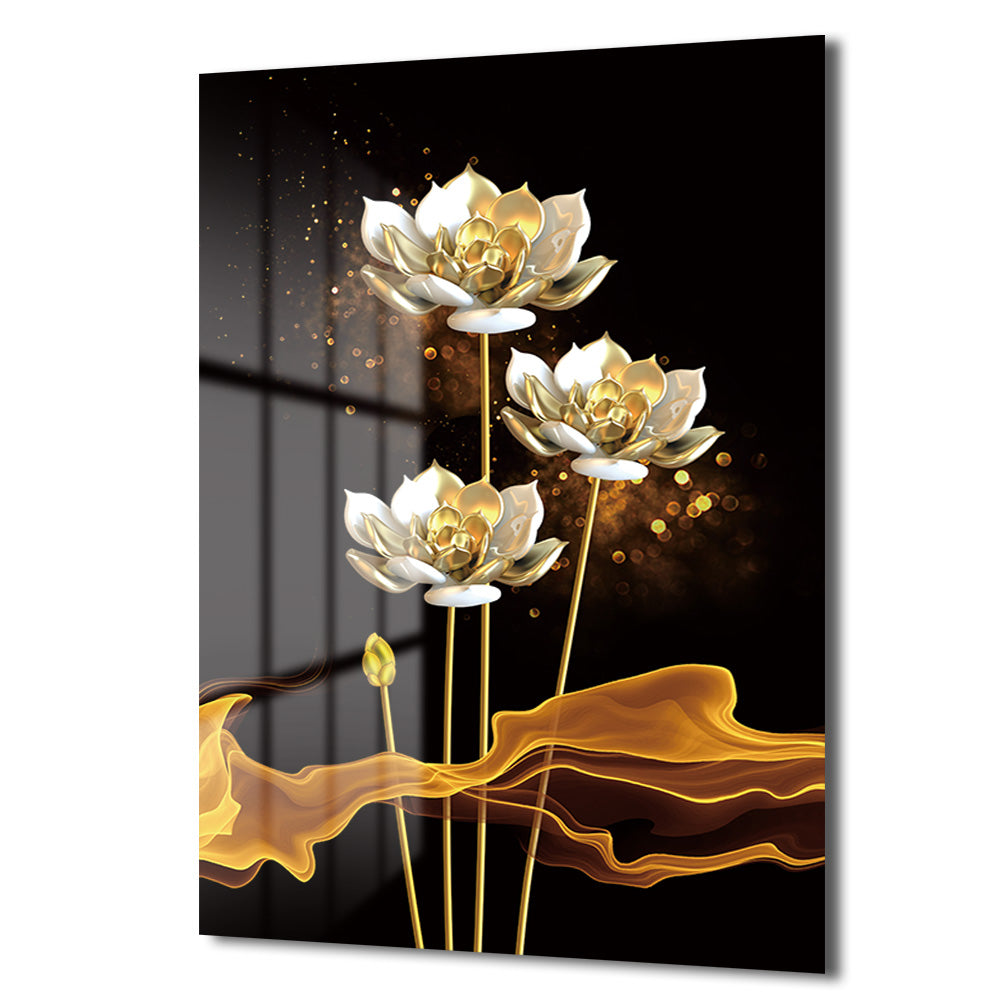Lüks Altın Lotus Çiçekleri Cam Tablo | Modern Duvar Sanatı