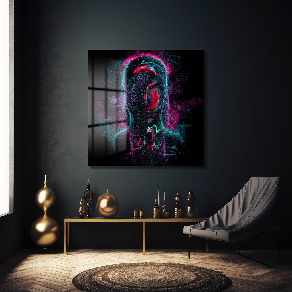 Neon Enerji İnsan Figürü Modern Cam Tablo