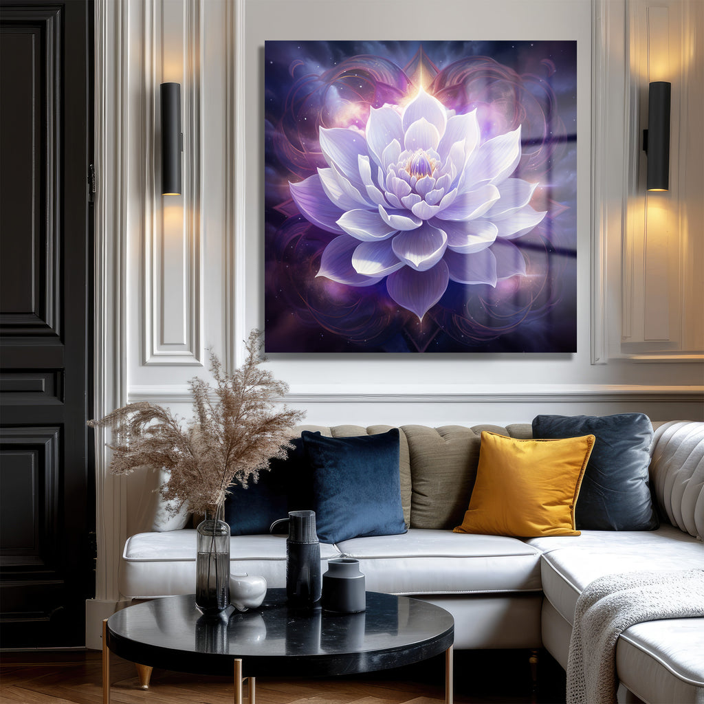 Işıltılı Lotus Çiçeği Cam Tablo: Huzur ve Zarafet