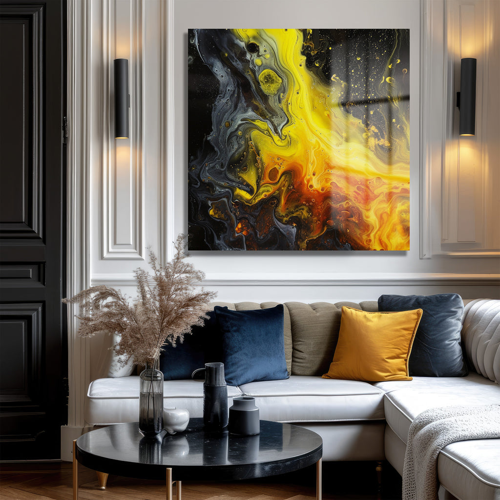 Enerjik Akışkan Sanat Sarı Siyah Cam Tablo