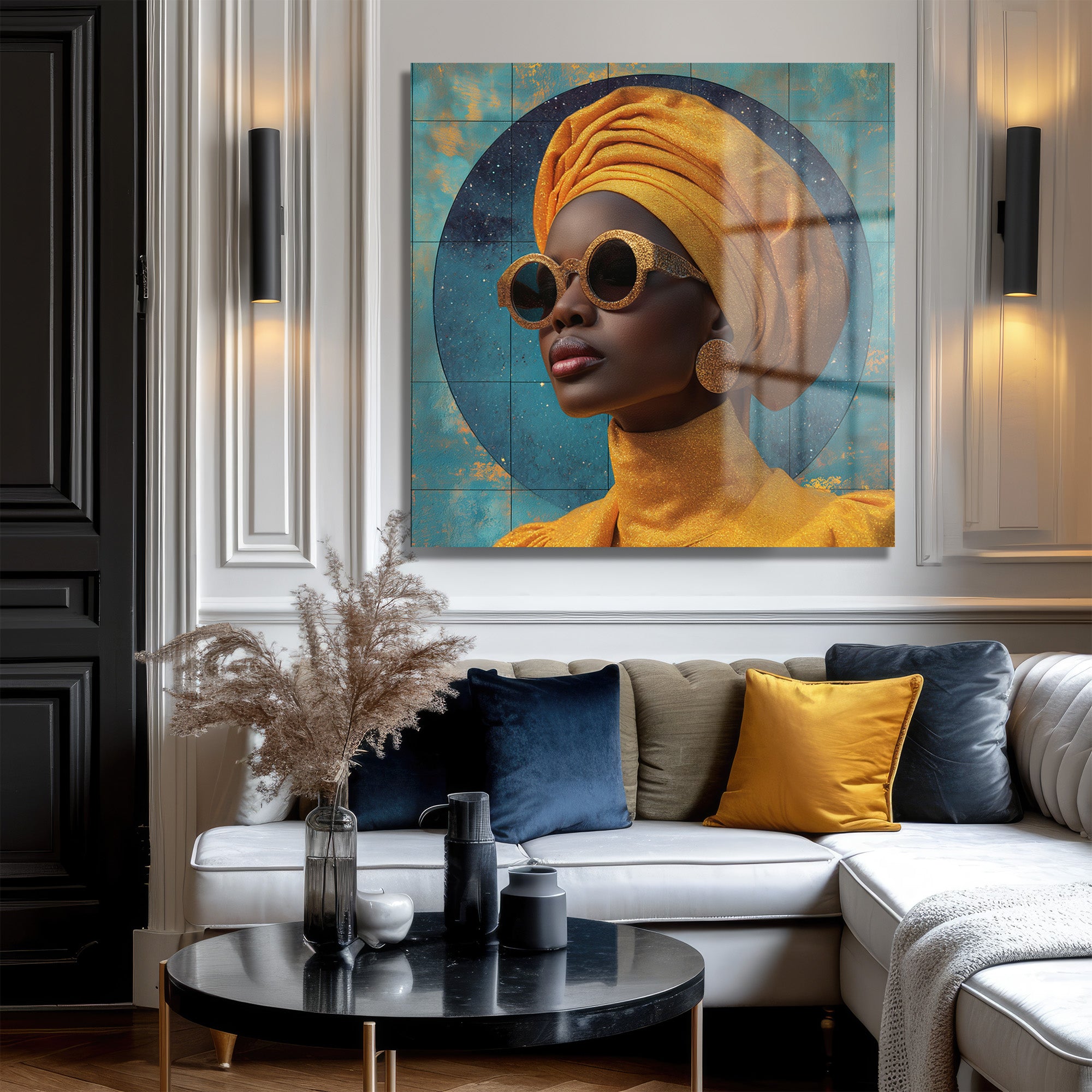 Şık Altın Turbanlı Kadın Sanat Cam Tablo
