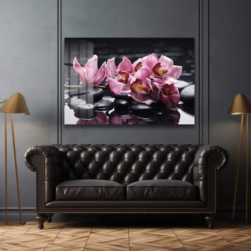 Zen Bahçesi: Pembe Orkide ve Spa Taşları Modern Cam Tablo