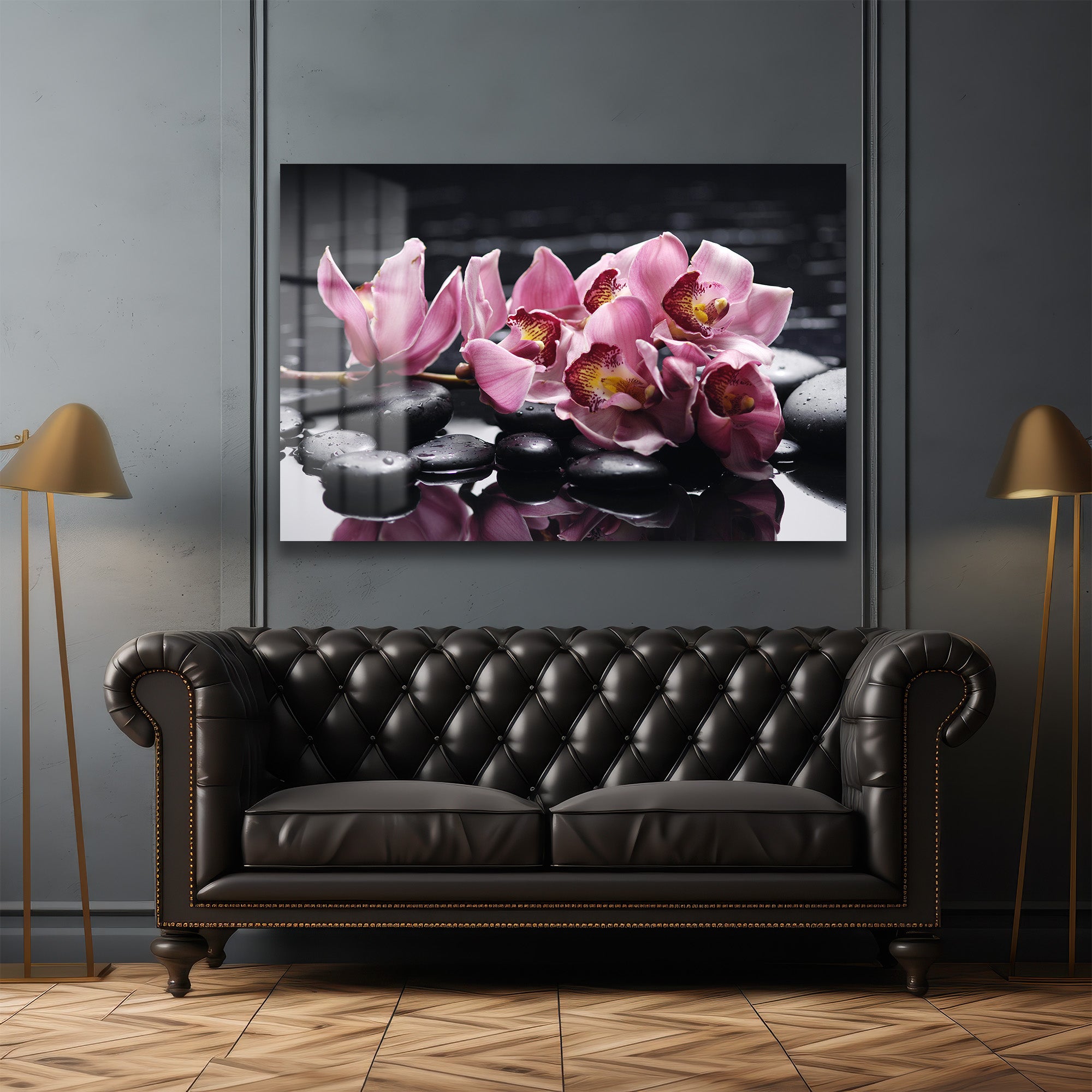 Zen Bahçesi: Pembe Orkide ve Spa Taşları Modern Cam Tablo