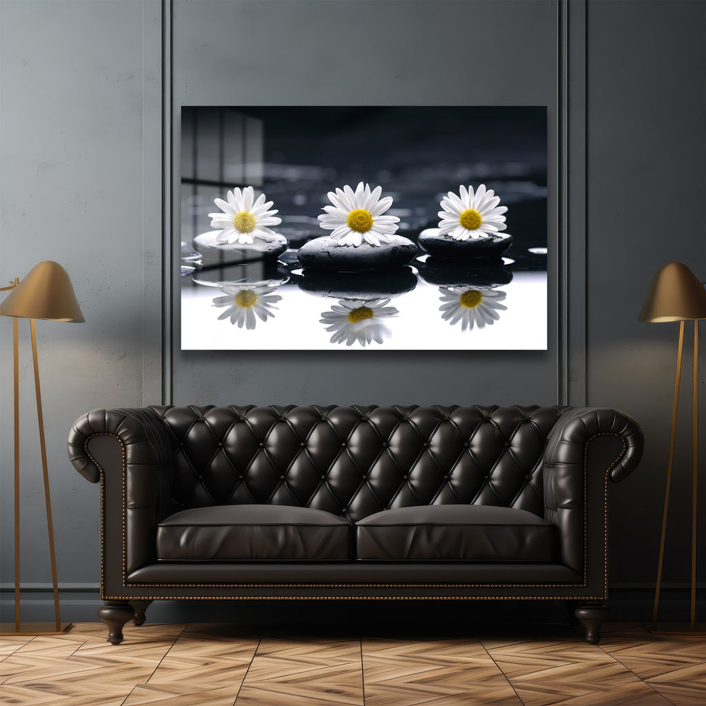 Zen Papatyalar ve Siyah Taşlar: Huzur Veren Modern Cam Tablo