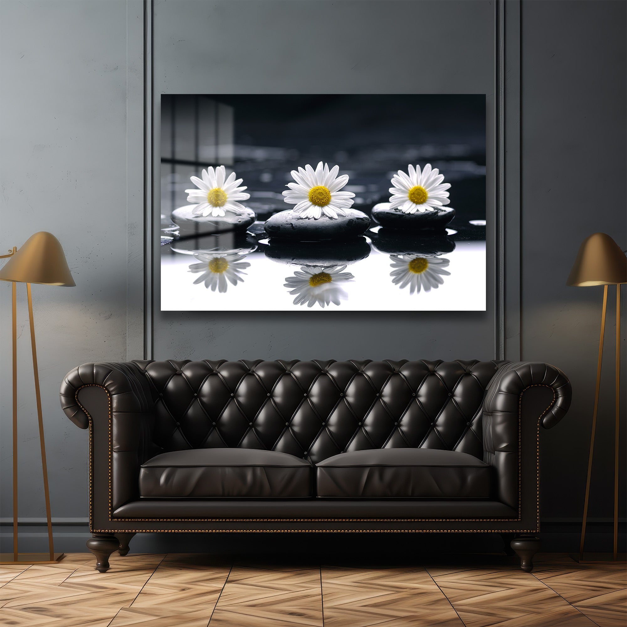Zen Papatyalar ve Siyah Taşlar: Huzur Veren Modern Cam Tablo