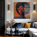Vibrant Afro Stil Kadın Portresi Modern Cam Tablo