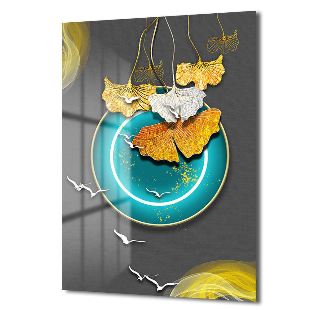 Ginkgo Yaprakları ve Teal Çemberli Modern Sanat Cam Tablo