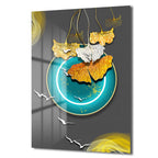 Ginkgo Yaprakları ve Teal Çemberli Modern Sanat Cam Tablo