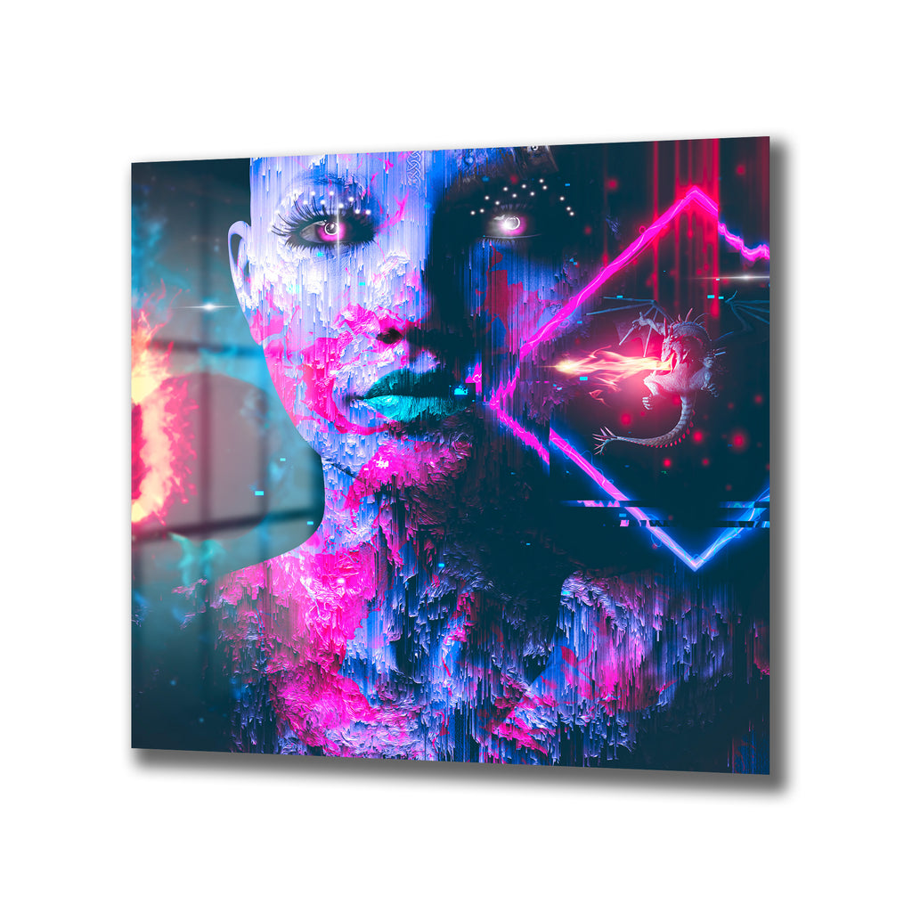 Siber Gelecek Kadın Portresi Cam Tablo - Glitch ve Neon Sanatı