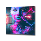 Siber Gelecek Kadın Portresi Cam Tablo - Glitch ve Neon Sanatı