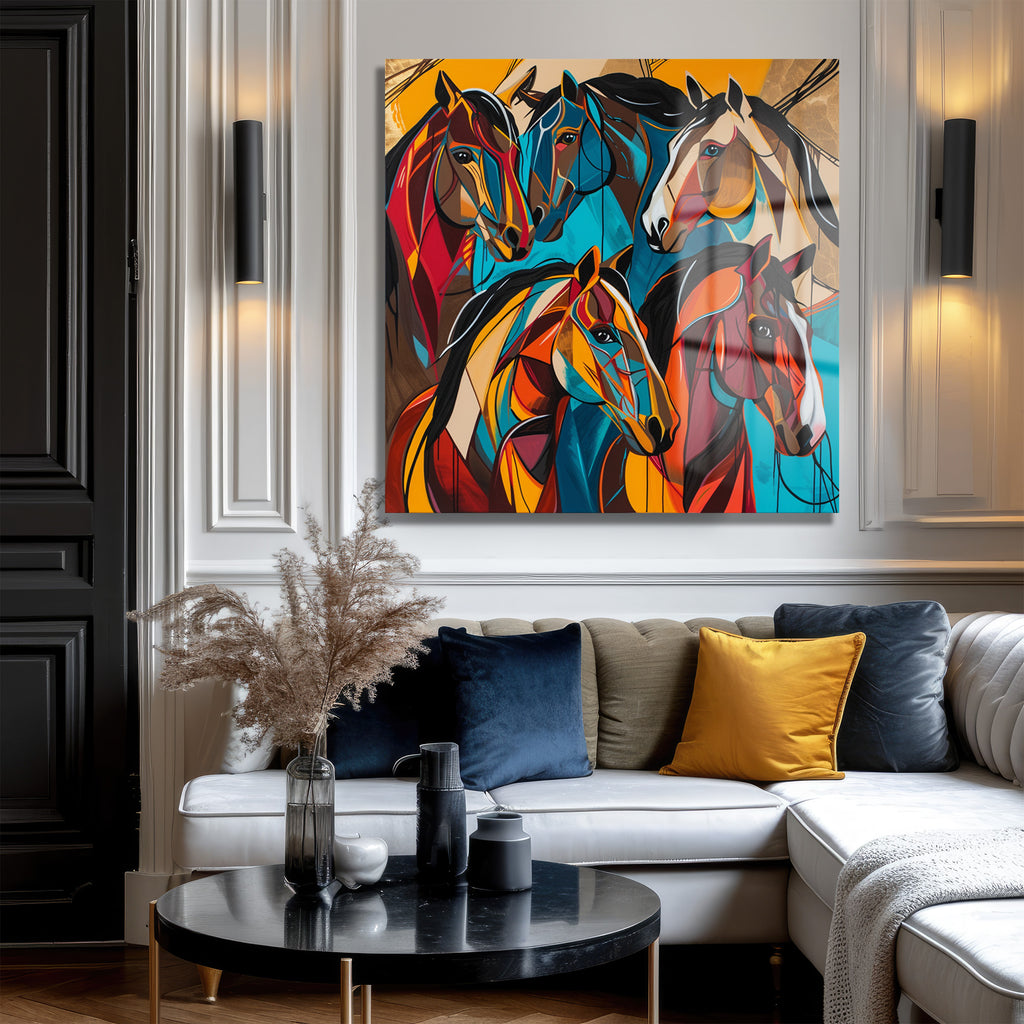 Dinamik Atlar Soyut Sanat Cam Tablo