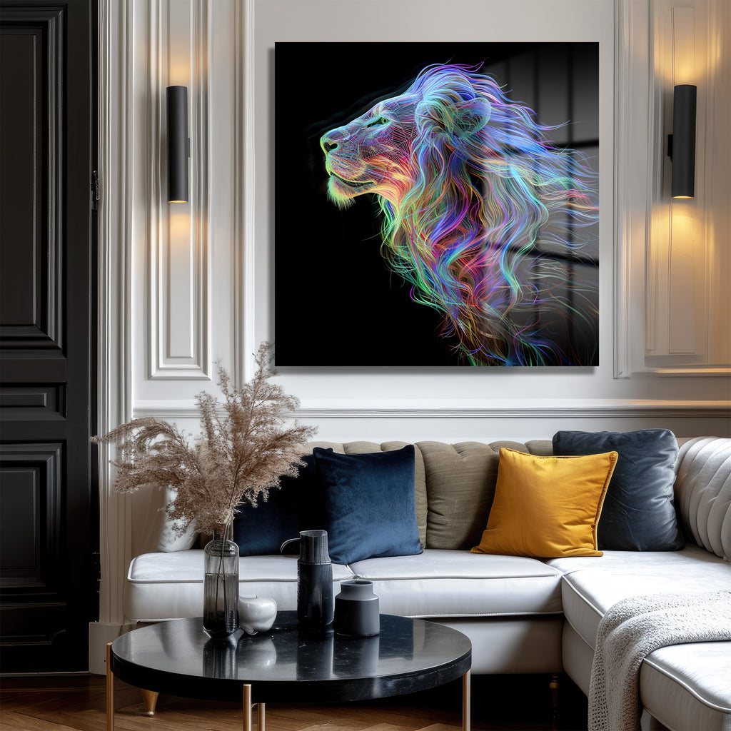 Majestik Neon Aslan Dijital Sanat Cam Tablo