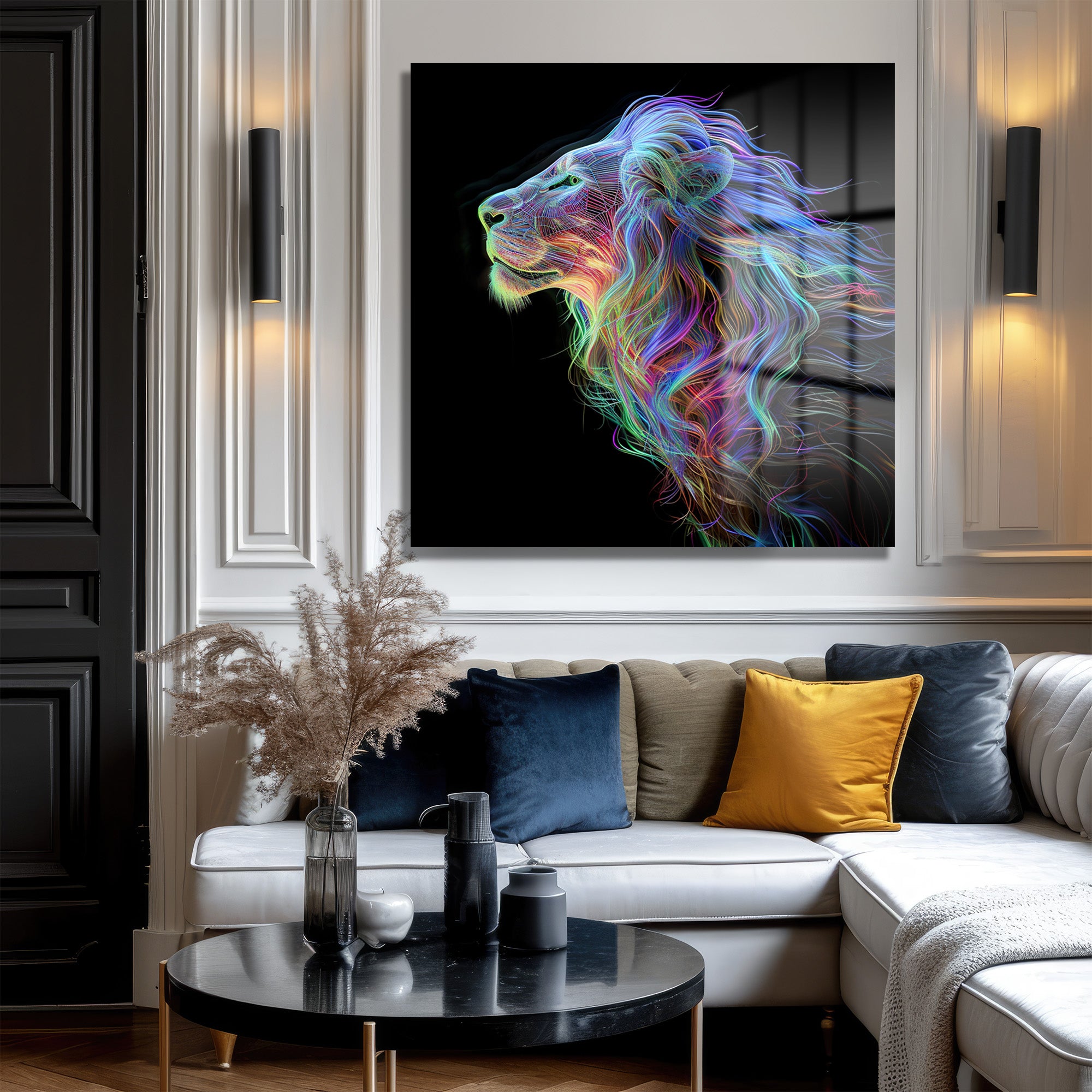 Majestik Neon Aslan Dijital Sanat Cam Tablo