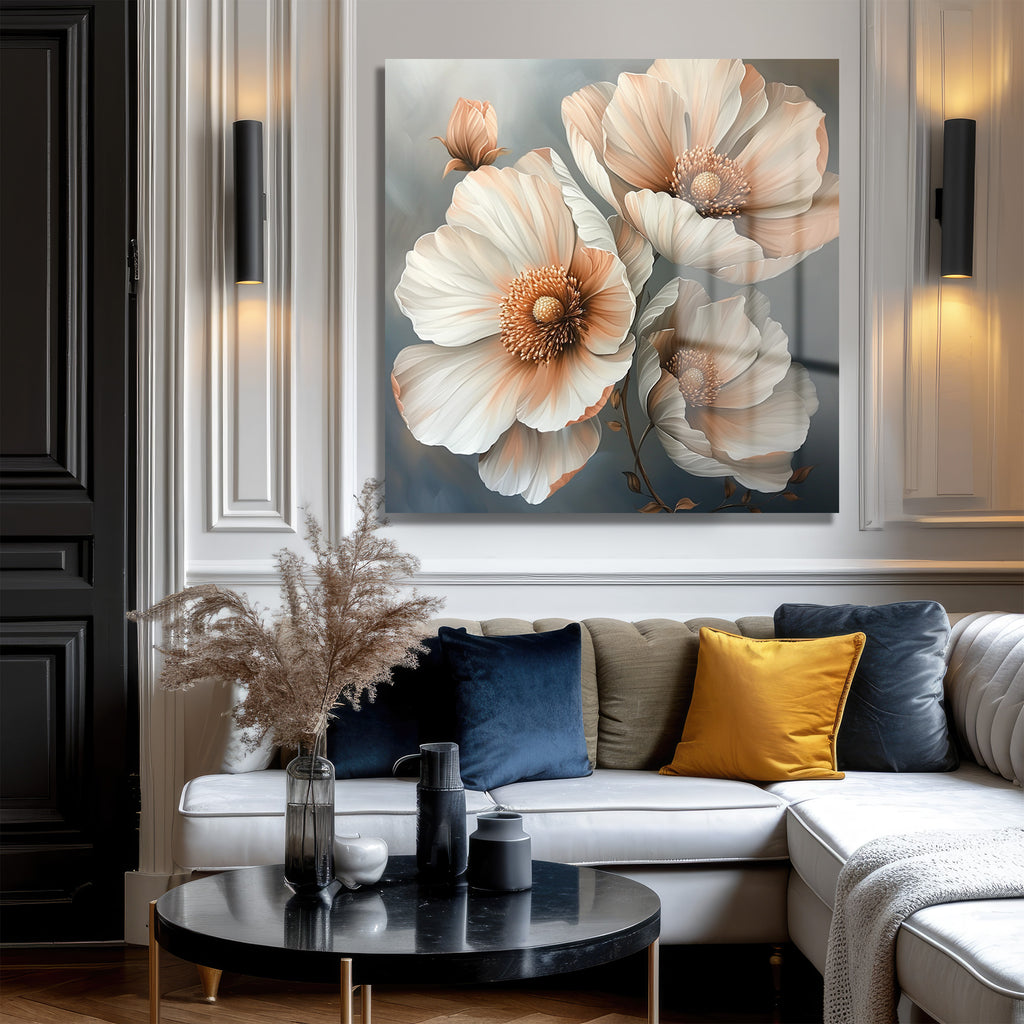 Pastel Tonlarda Zarif Çiçekler Modern Cam Tablo