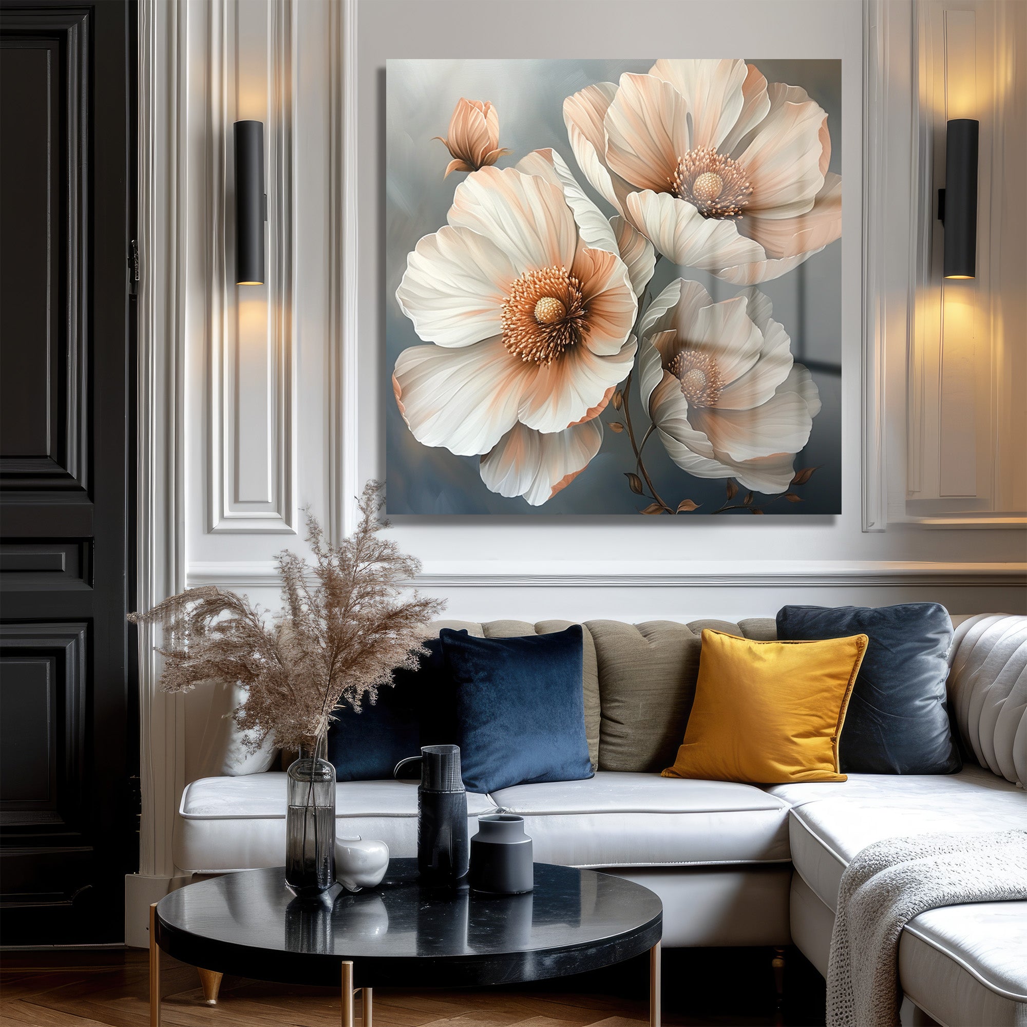 Pastel Tonlarda Zarif Çiçekler Modern Cam Tablo