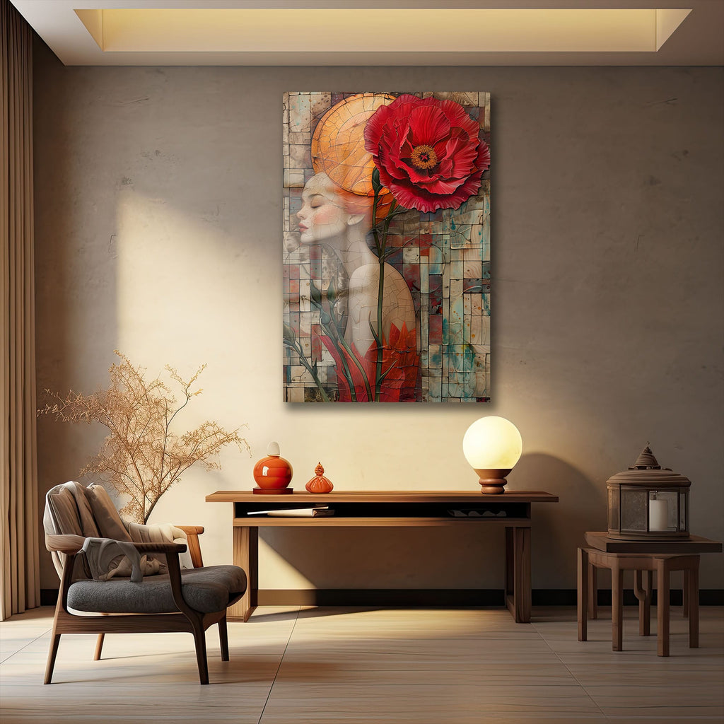 Kızıl Haşhaş Rüyası: Modern Sanat Temperli Cam Tablo