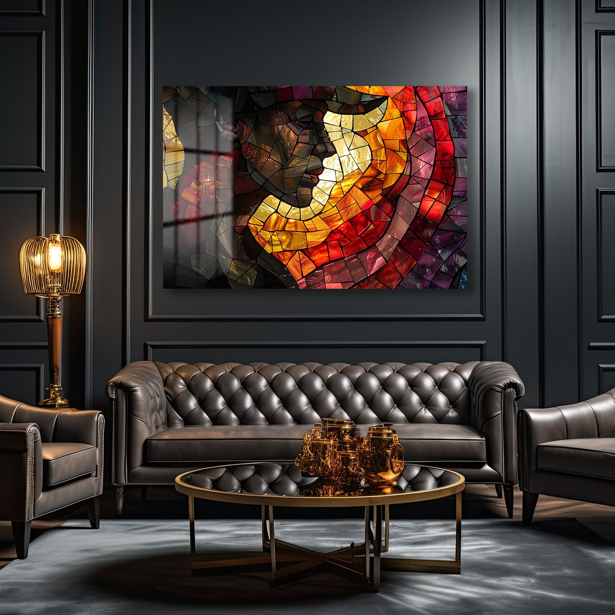 Altın Işıltılı Mozaik Portre: Modern Sanat Cam Tablo