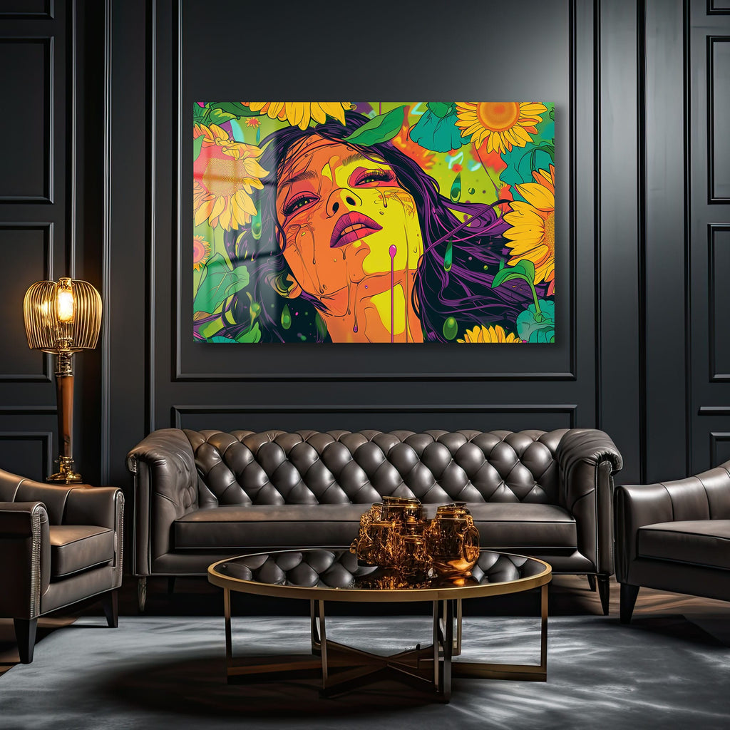 Günebakanın Gözyaşları: Canlı Pop Art Cam Tablo - Modern Duvar Dekorasyonu