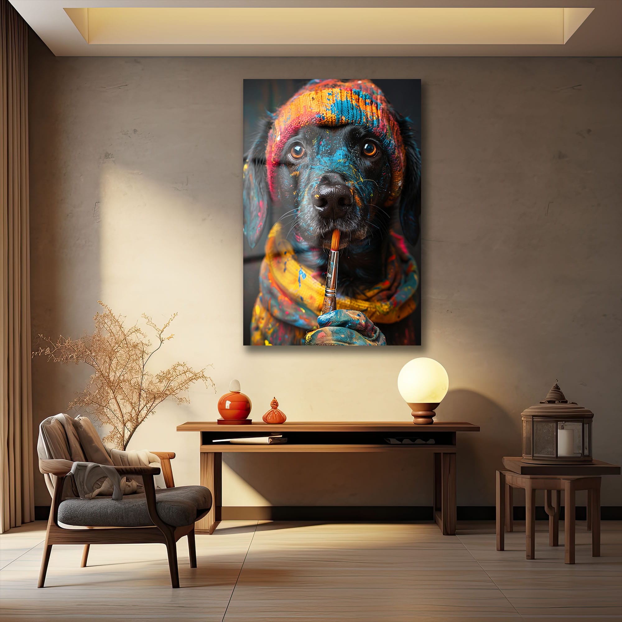 Sanatçı Ruhlu Dost: Renkli Köpek Cam Tablo