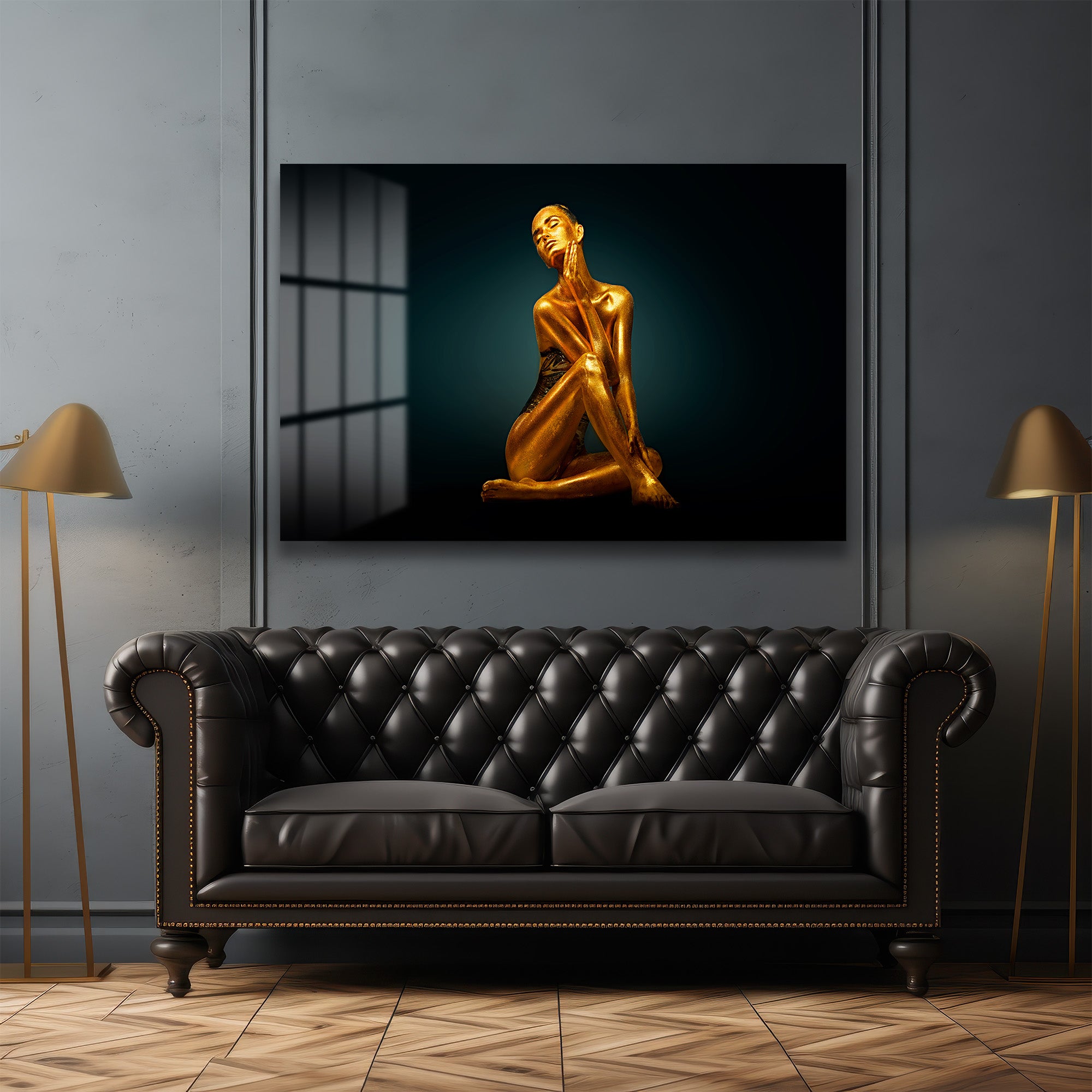 Altın Aura: Büyüleyici Modern Sanat Cam Tablo