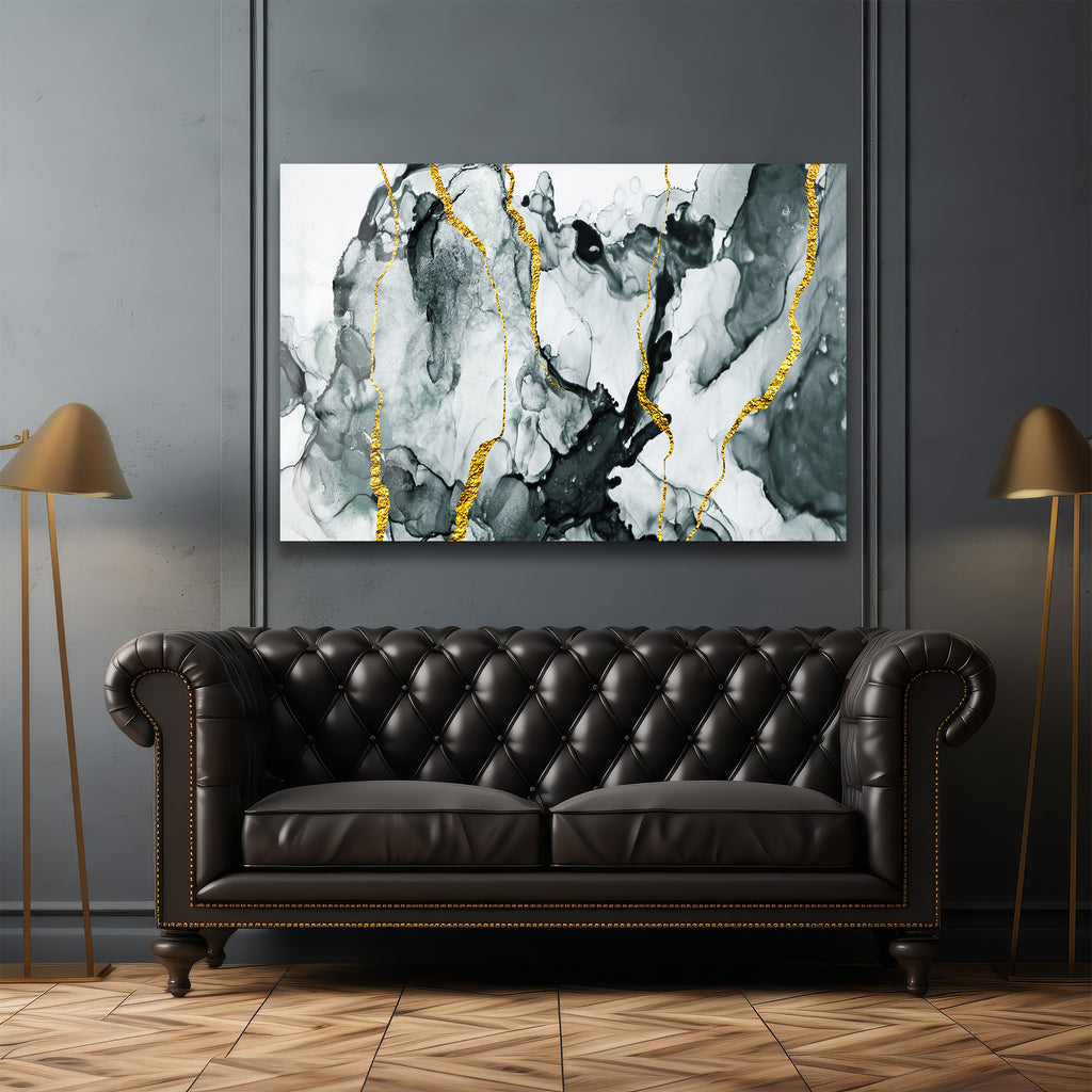 Kintsugi Ruhu: Altın Damarlı Siyah Beyaz Soyut Cam Tablo
