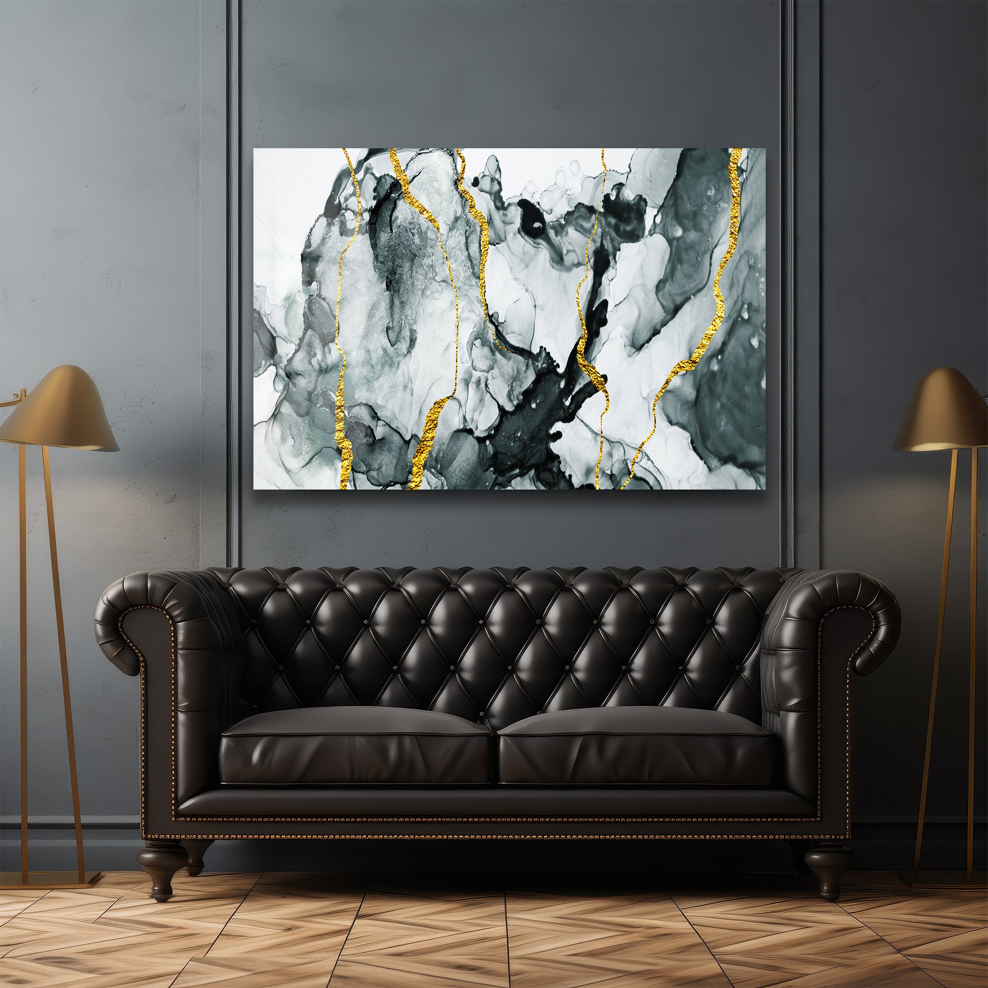 Kintsugi Ruhu: Altın Damarlı Siyah Beyaz Soyut Cam Tablo