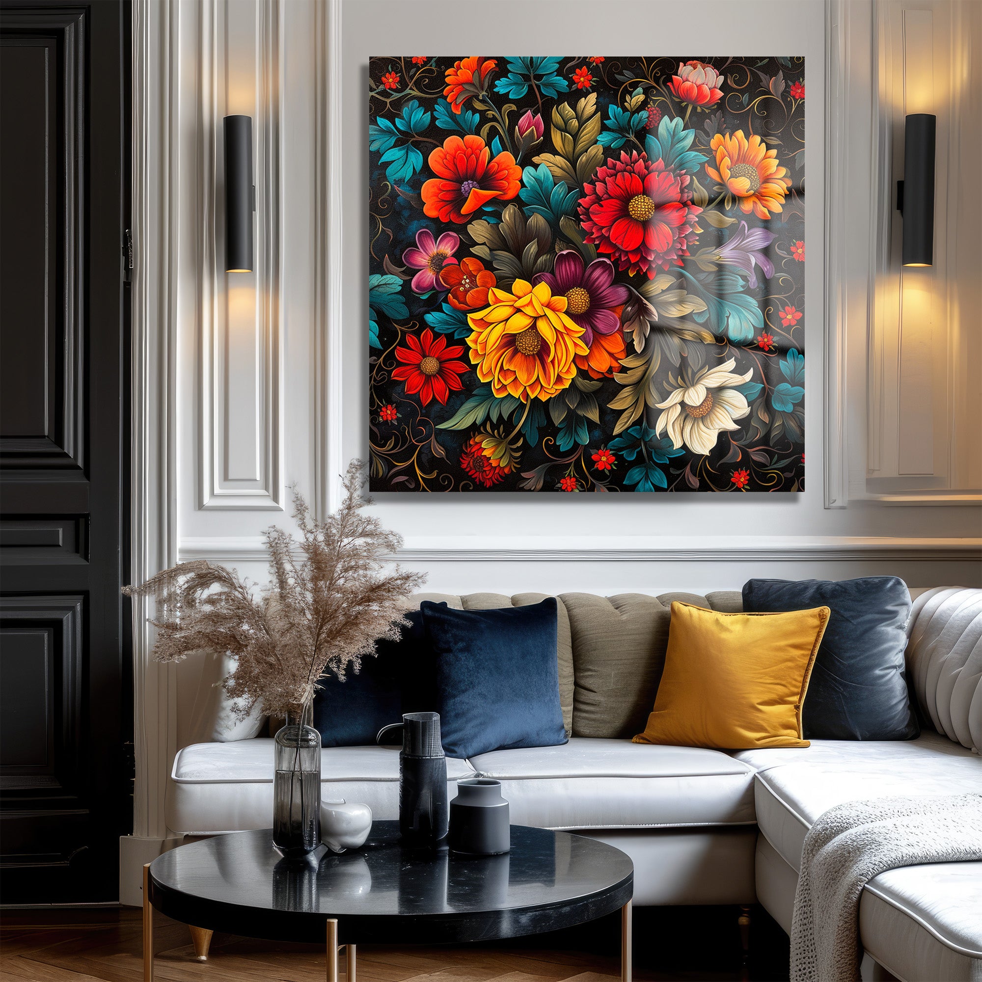 Renk Şöleni Floral Desenli Dekoratif Cam Tablo