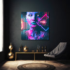 Siber Gelecek Kadın Portresi Cam Tablo - Glitch ve Neon Sanatı