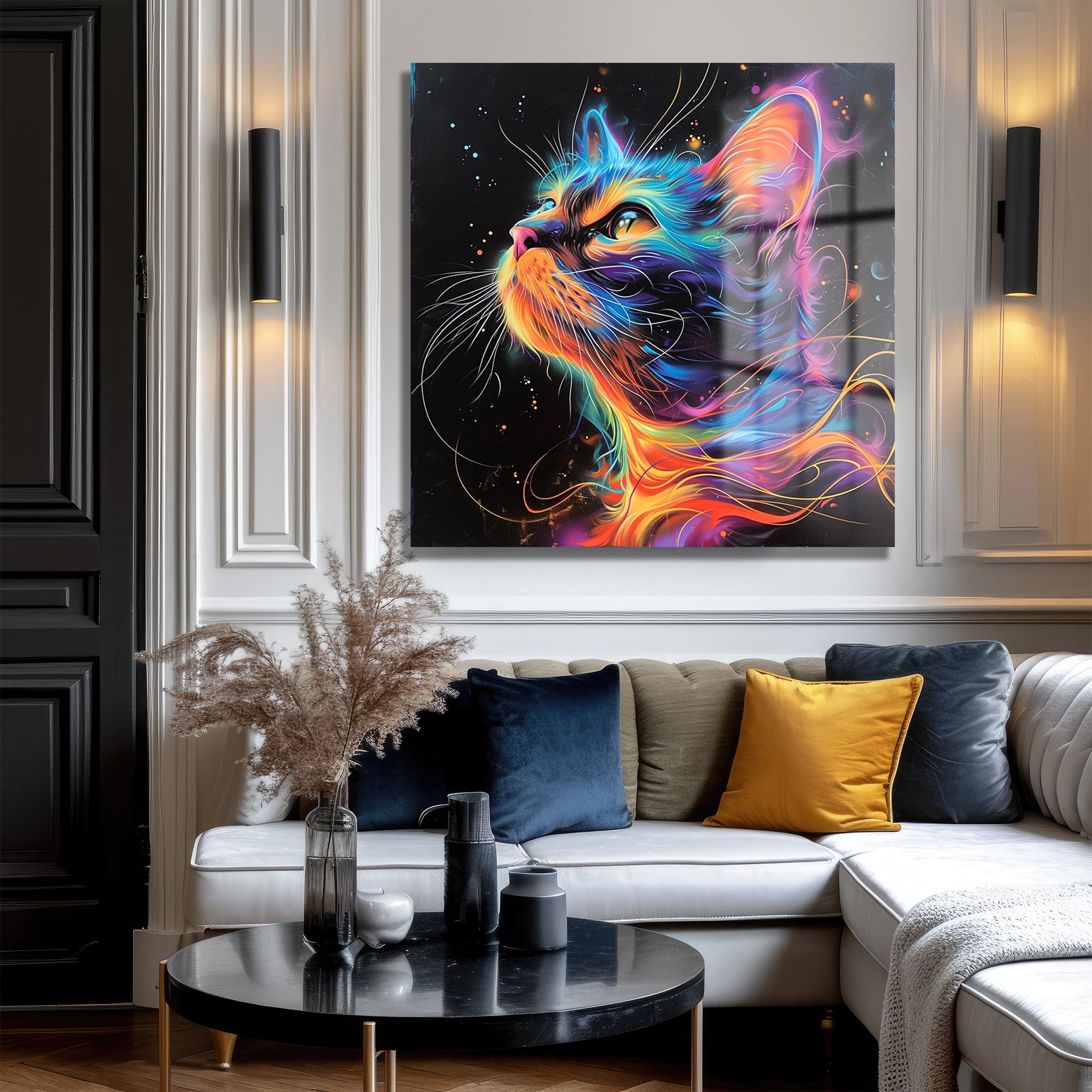 Göz Kamaştıran Neon Kedi Sanatı Cam Tablo