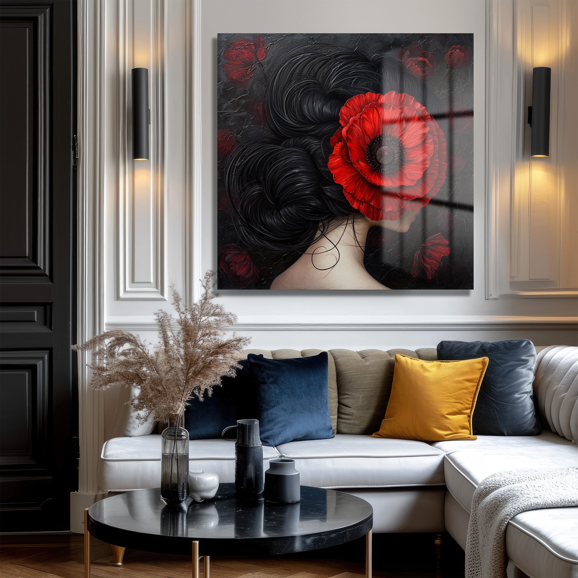 Gizemli Kırmızı Haşhaşlı Kadın Sanat Cam Tablo