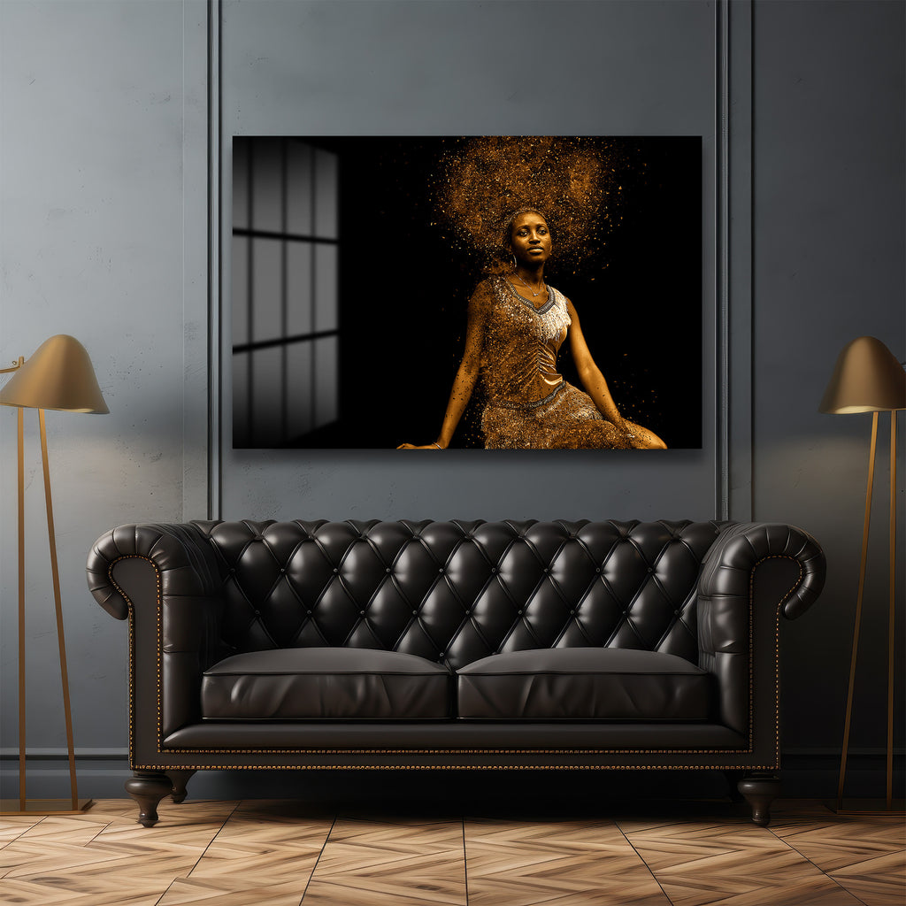 Altın Işıltılı Yükseliş: Modern Sanat Cam Tablo