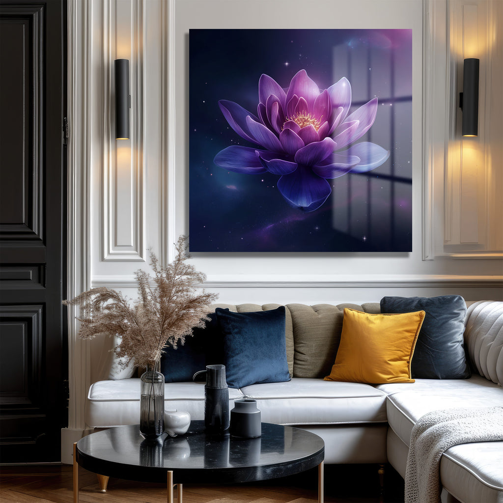 Kozmik Lotus Işıltısı Mor Çiçekli Dekoratif Cam Tablo