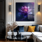 Kozmik Lotus Işıltısı Mor Çiçekli Dekoratif Cam Tablo