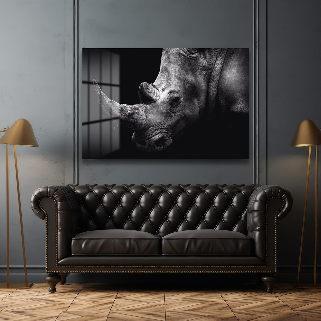 Heybetli Gergedan: Siyah Beyaz Modern Cam Tablo