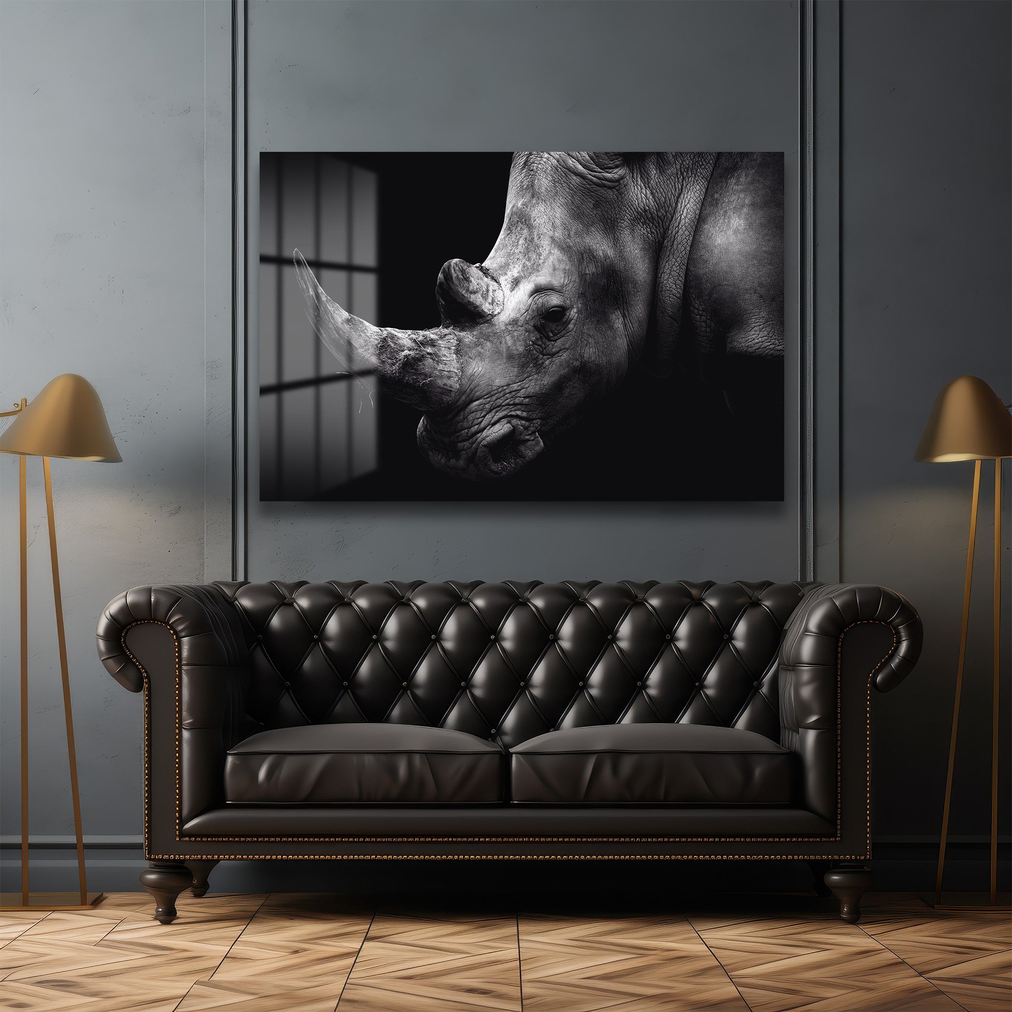 Heybetli Gergedan: Siyah Beyaz Modern Cam Tablo