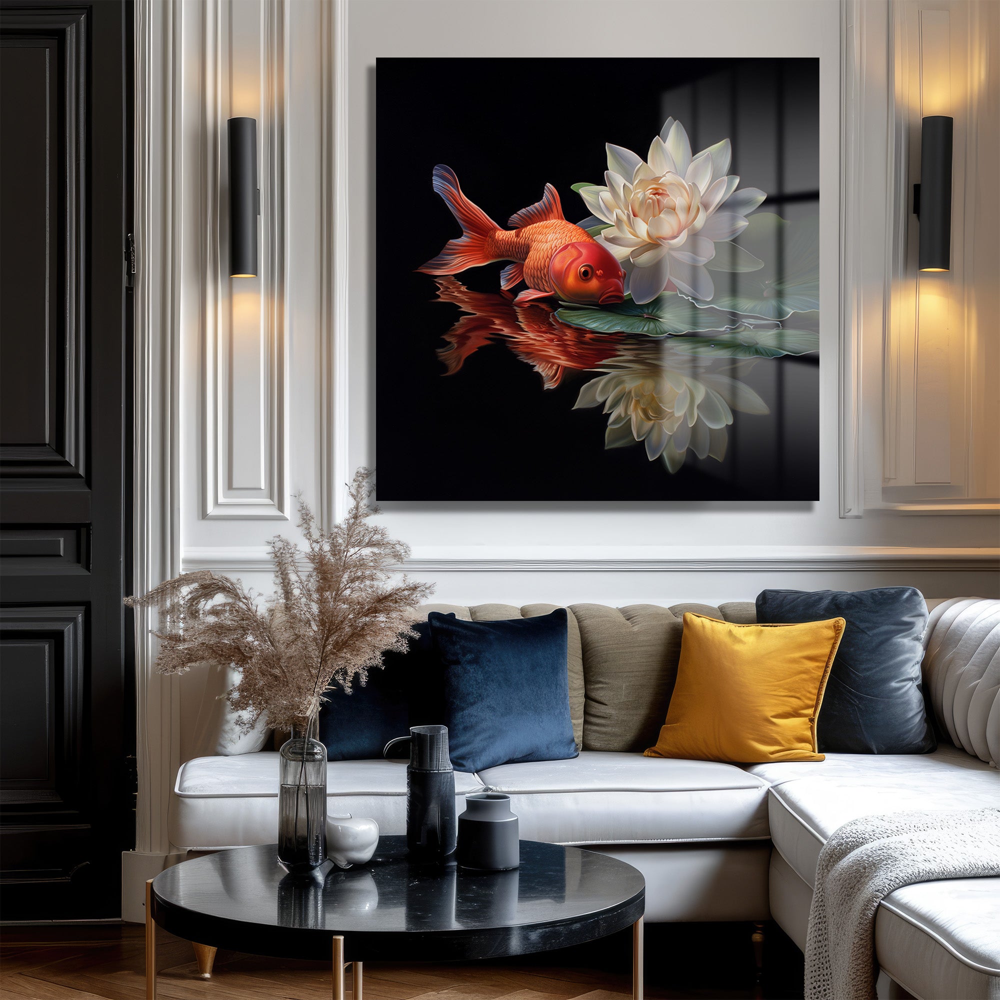 Huzur Veren Altın Balık ve Lotus Cam Tablo