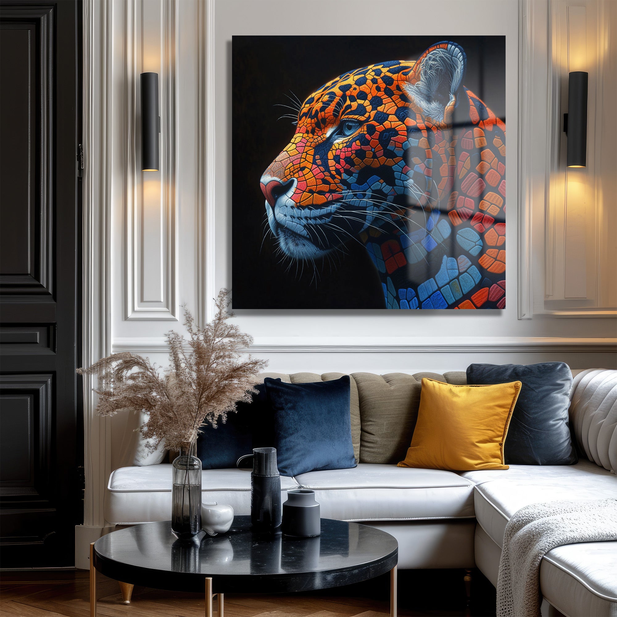 Vahşi Rüyalar: Mozaik Jaguar Cam Tablo