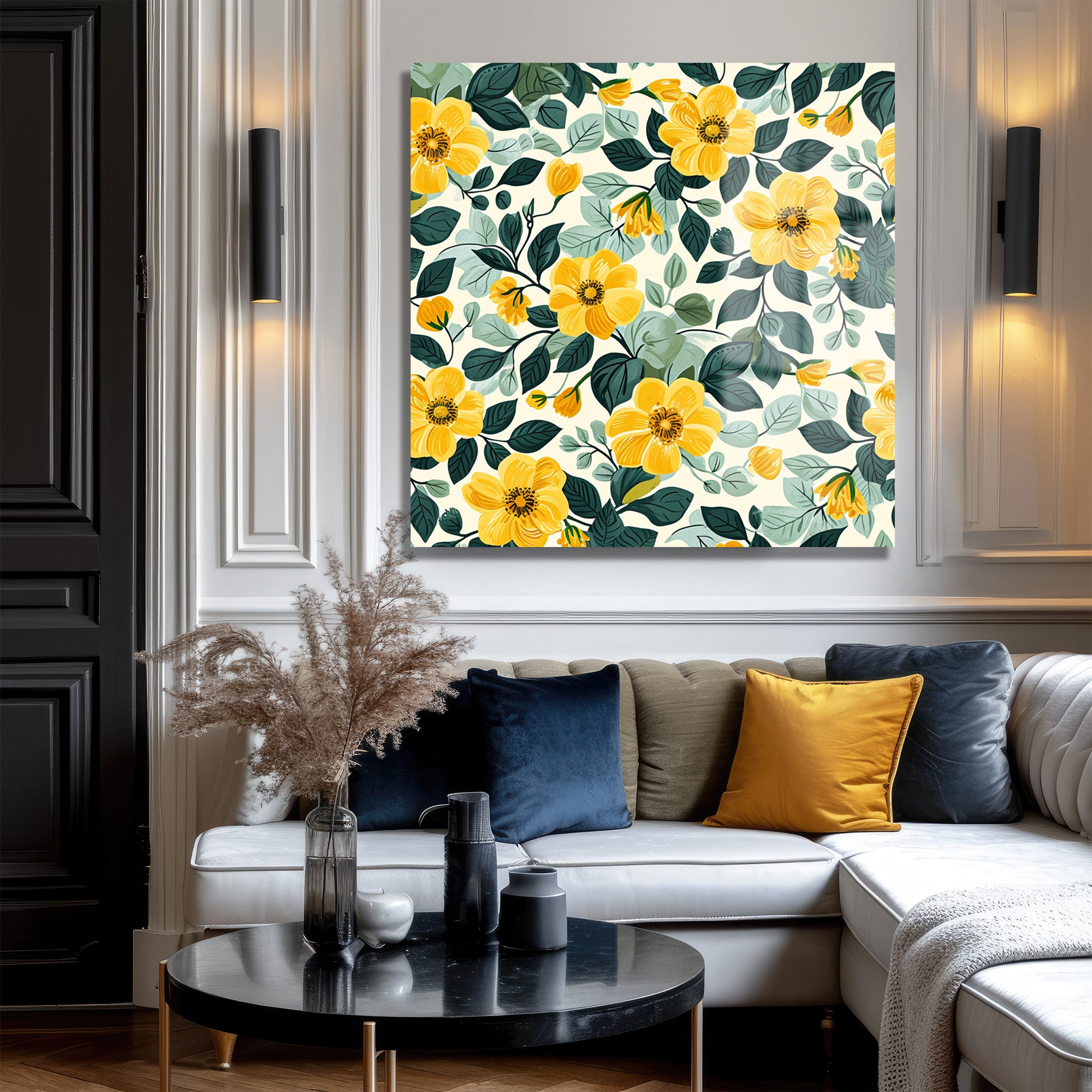 Bahar Neşesi Sarı Çiçekler Desenli Modern Cam Tablo