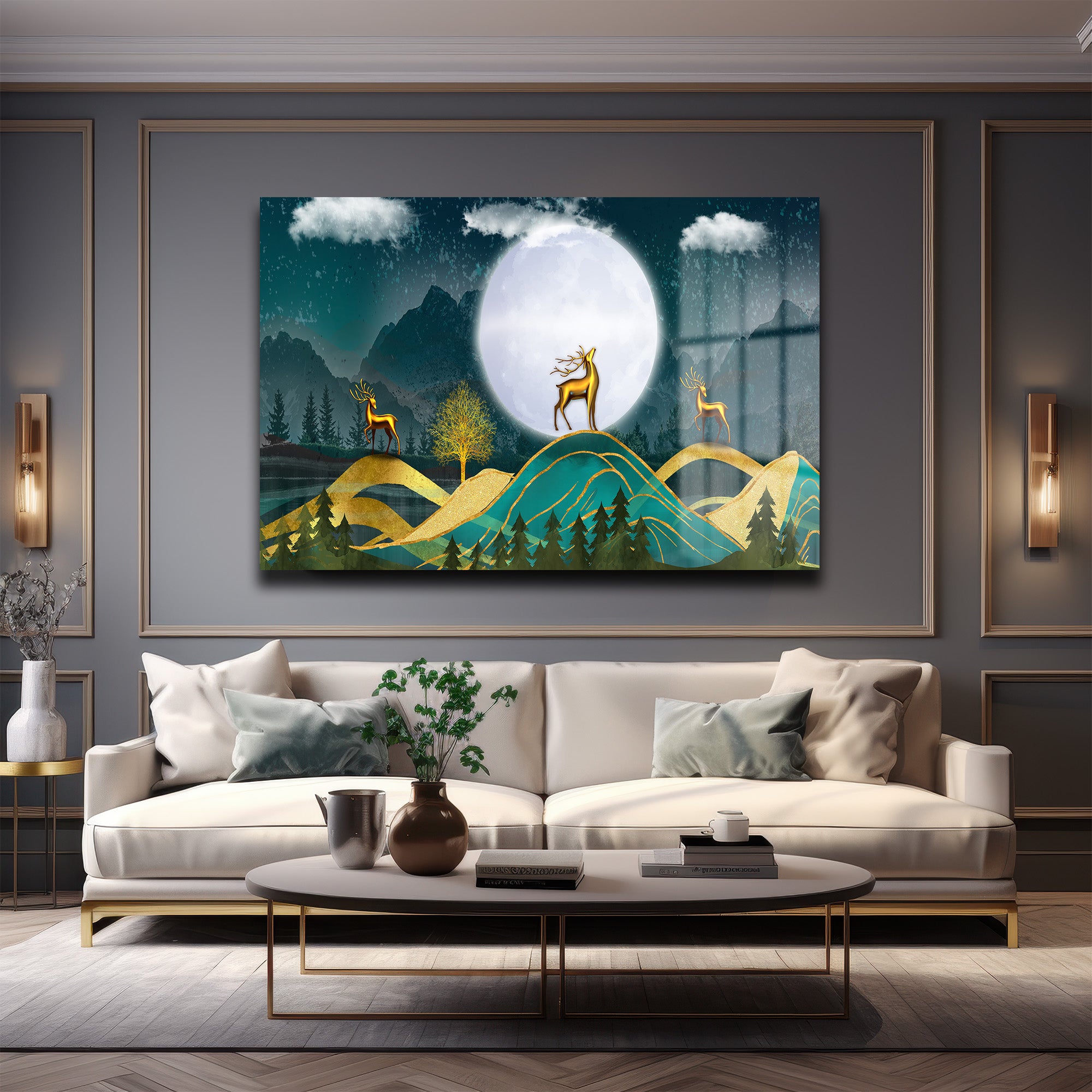Ay Işığı Altında Altın Geyikler: Modern Manzara Cam Tablo