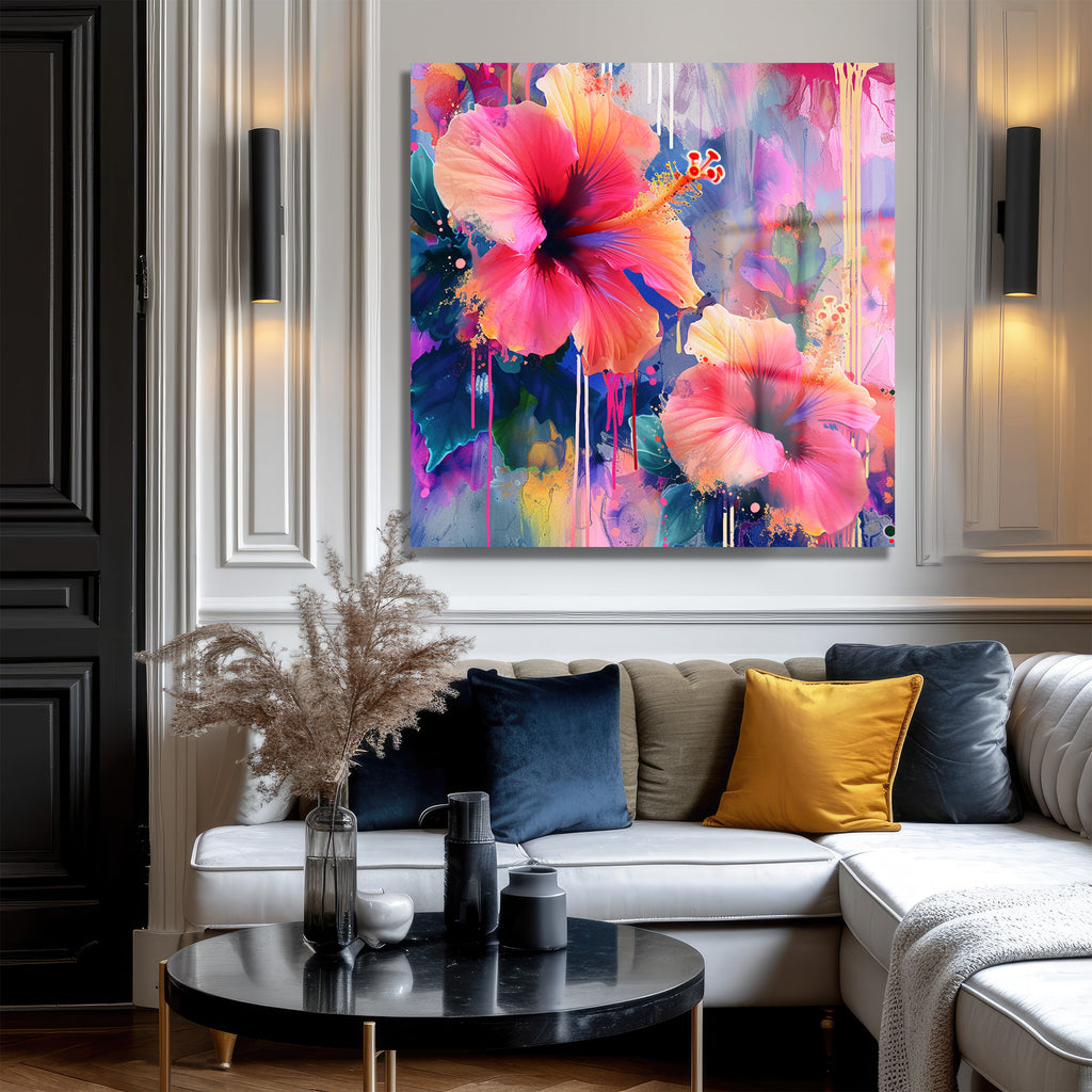 Tropik Rüyalar: Canlı Hibiskus Çiçekleri Cam Tablo