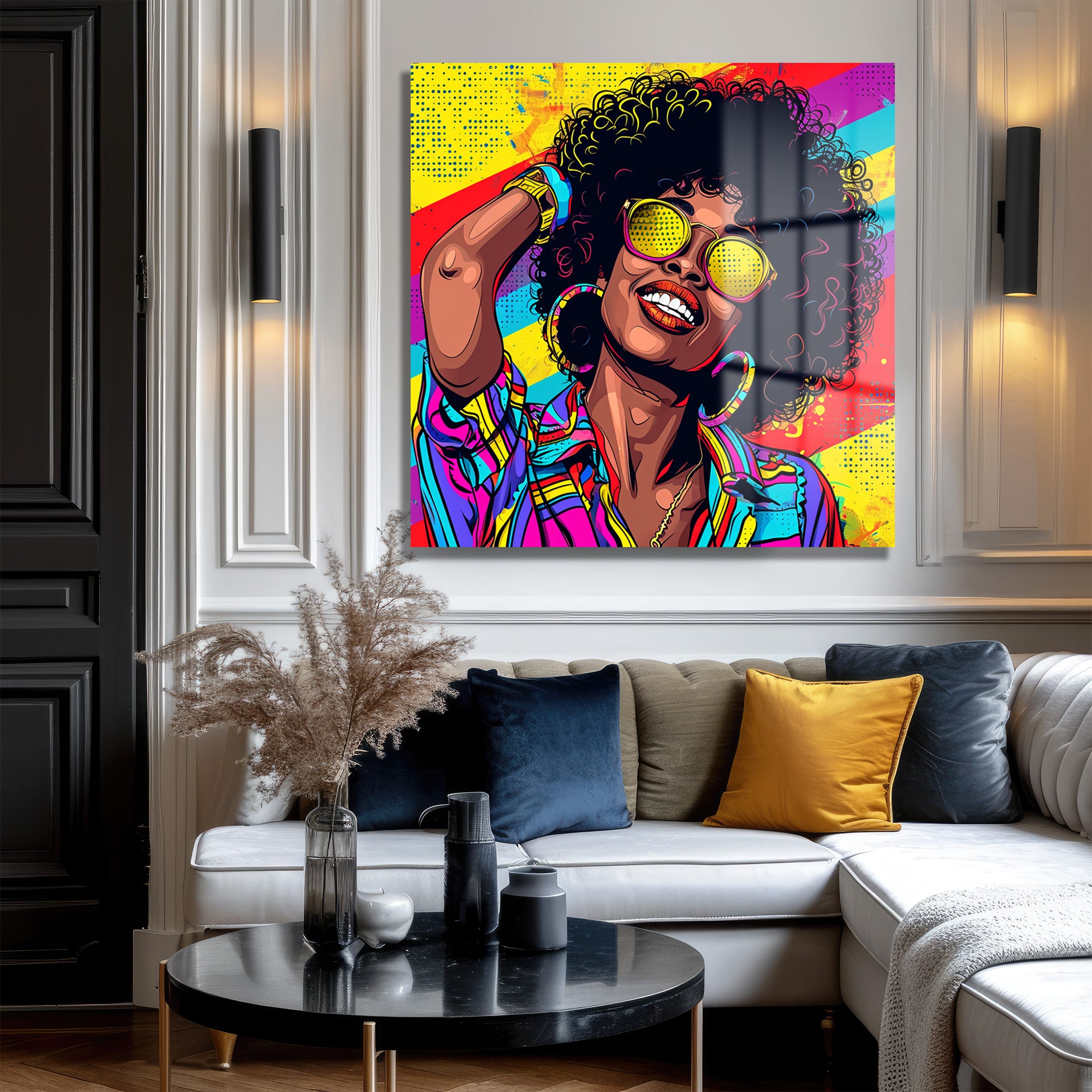 Pop Art Enerjili Renkli Kadın Portresi Cam Tablo