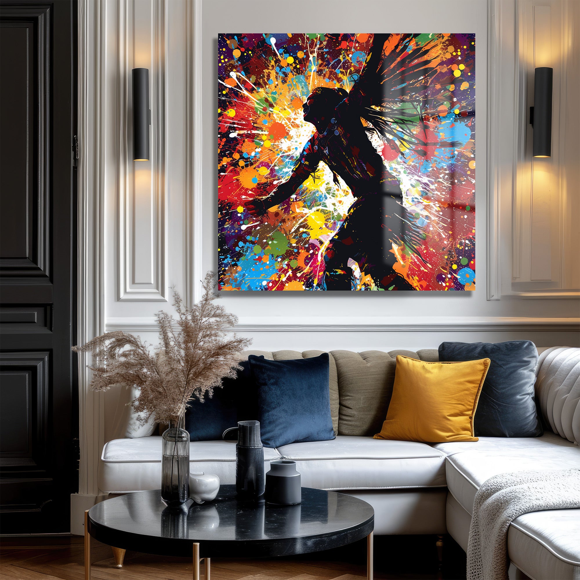 Enerjik Dansçı Silüeti Cam Tablo - Renk Patlaması Modern Sanat