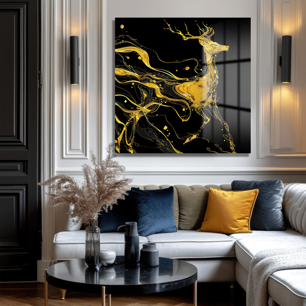 Altın Geyik Akışkan Sanat Cam Tablo