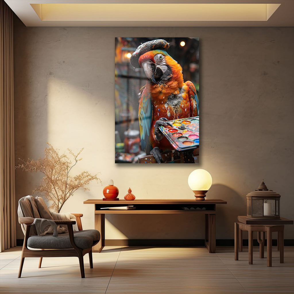 Ressam Papağan: Canlı Renkler ve Sanatçı Ruhu Temalı Modern Cam Tablo