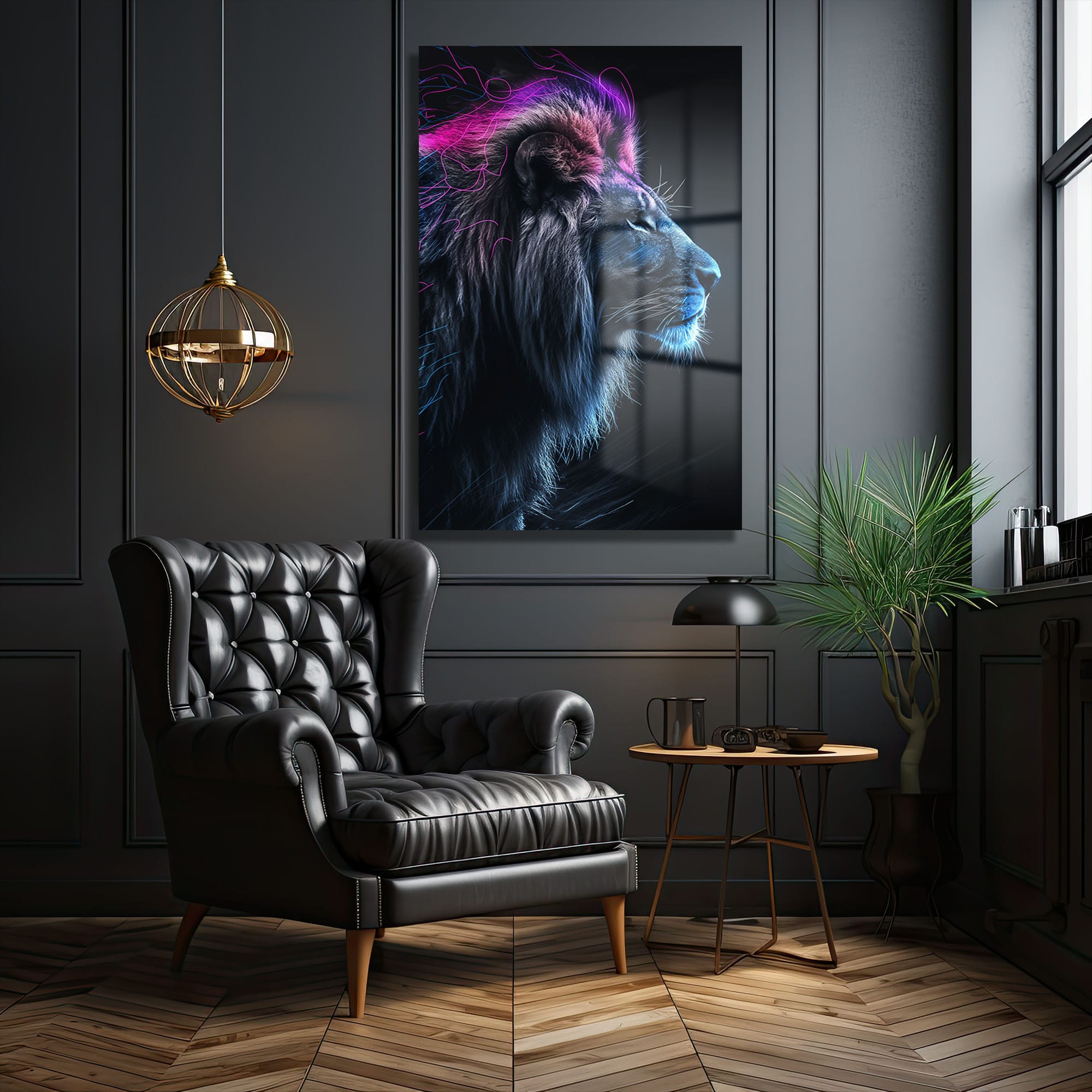 Aslanın Ruhu: Neon Işıltılı Modern Cam Tablo