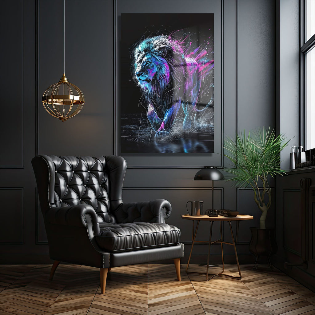 Neon Enerjili Aslan: Modern Sanat Temperli Cam Tablo
