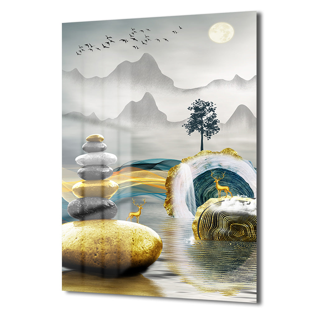 Zen Dengesi ve Altın Geyikler Modern Manzara Cam Tablo