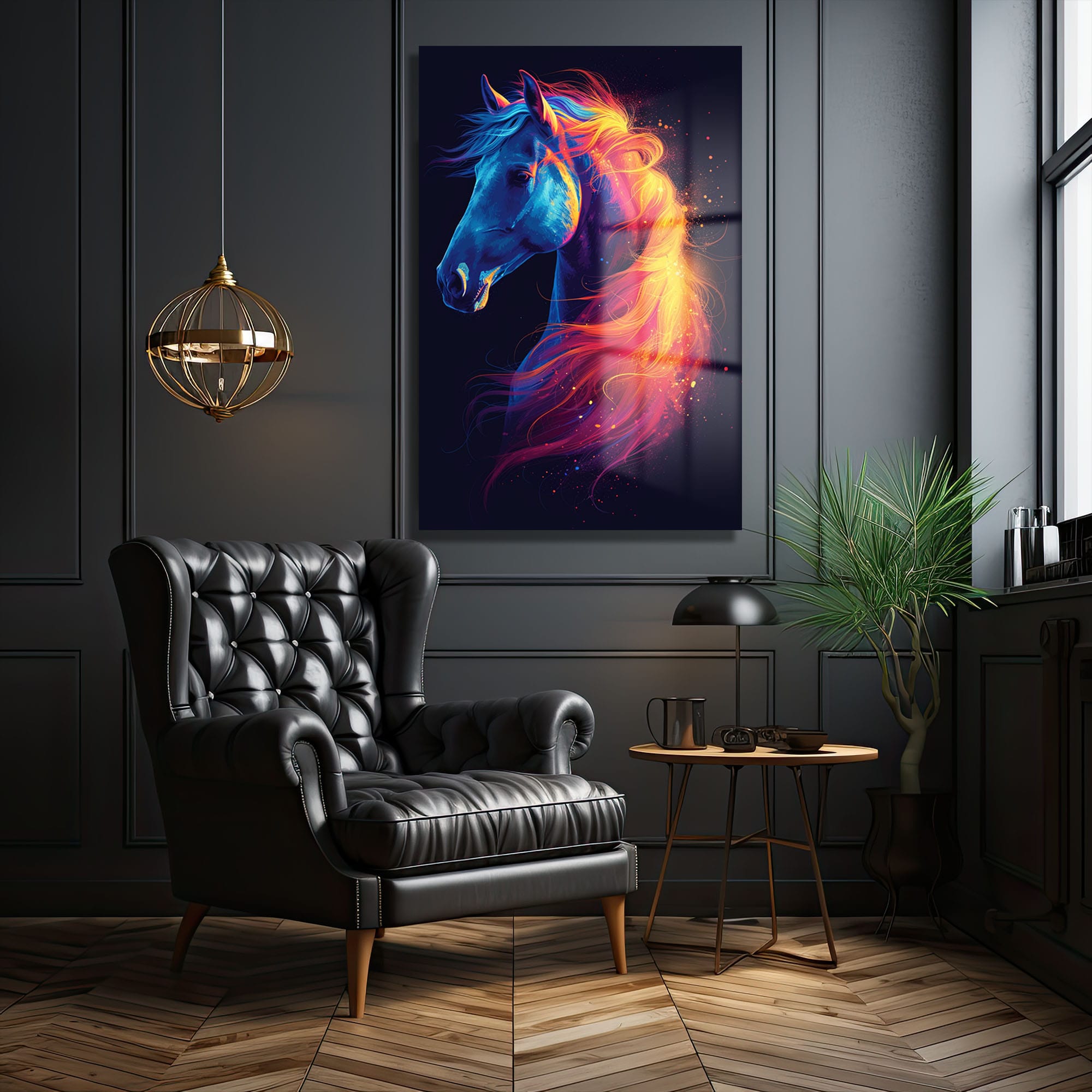Rengarenk Atın Büyüsü: Canlı Neon Efektli Modern Cam Tablo
