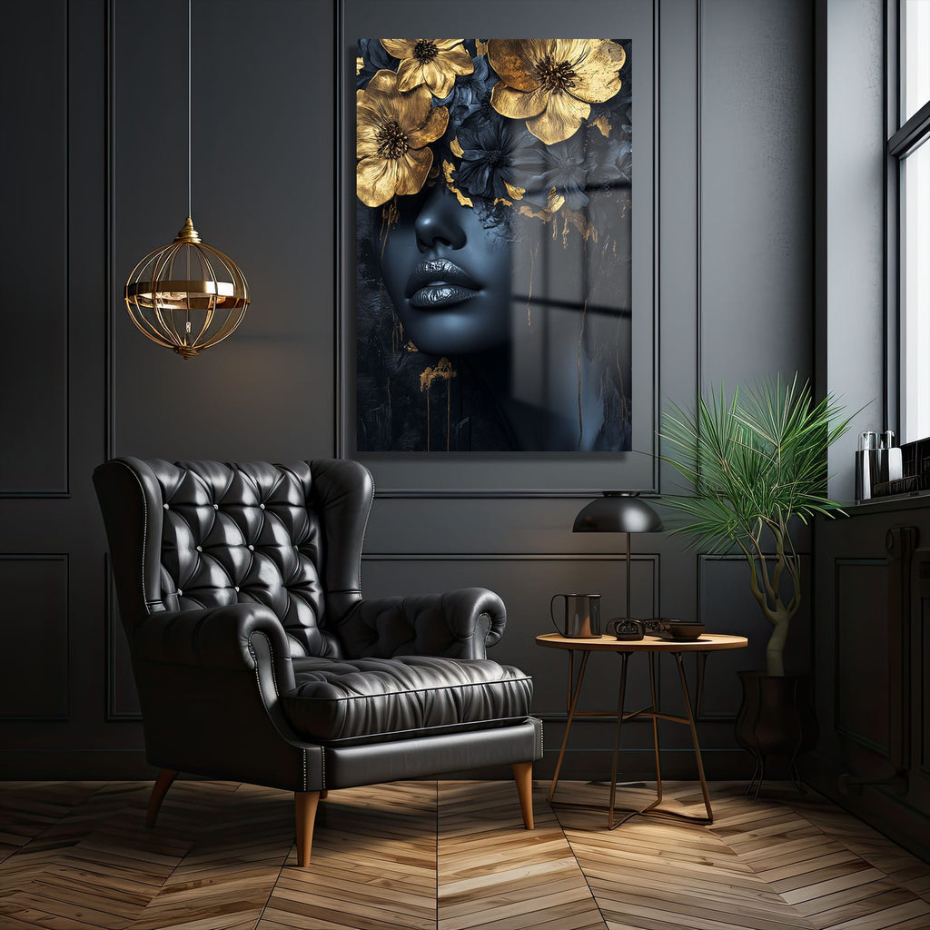 Altın Çiçekli Gizem: Modern Sanat Temperli Cam Tablo