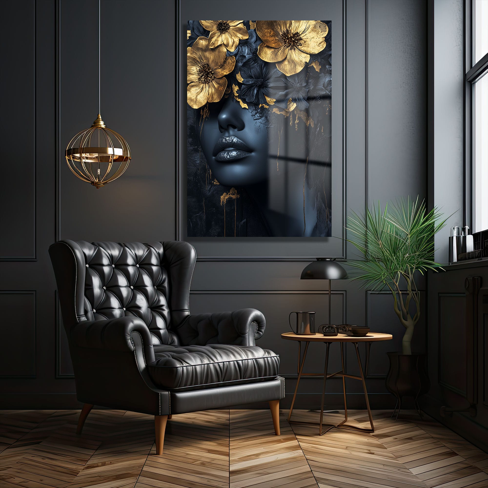 Altın Çiçekli Gizem: Modern Sanat Temperli Cam Tablo